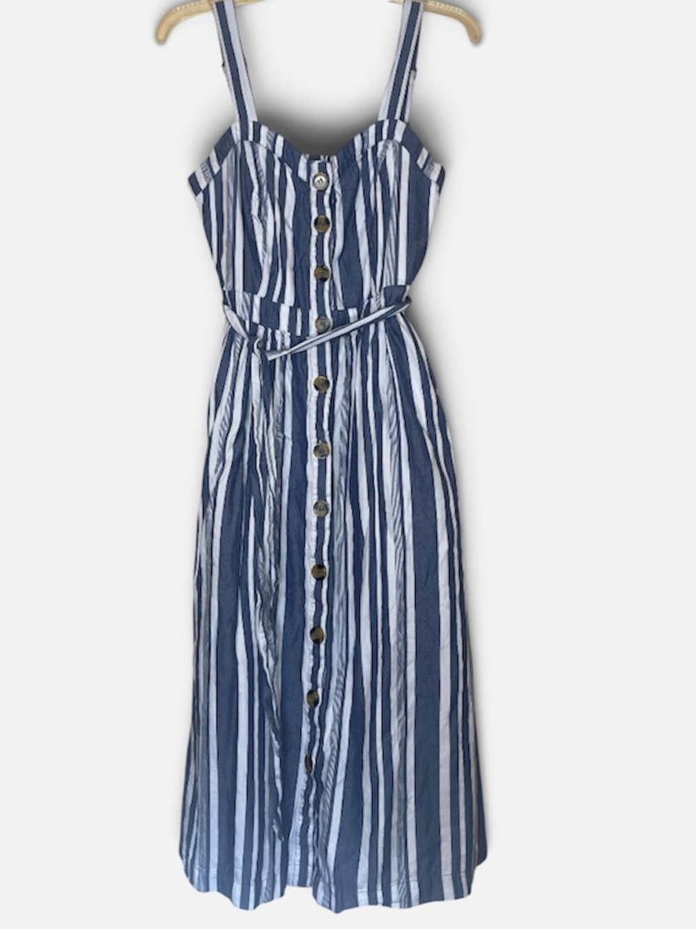 Time and Tru Blue and White Striped Midi Dress with Button Front